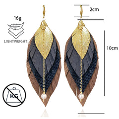 Aretes pluma de cuero mediano mocha Vangania baño oro-11
