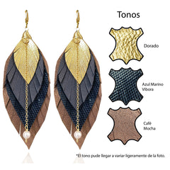 Aretes pluma de cuero mediano mocha Vangania baño oro-11