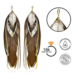 Aretes largos pluma 19cm tono mocha cafe Vangania baño oro-19