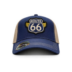 Gorra Trucker Knite Route 66 Wings Blue Malla Beige Biker