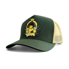 VAGO Style CARO COMO QUINTERO Gorra Unica Artesanal Verde Obscuro y Malla Dorada Ajustable con Viser