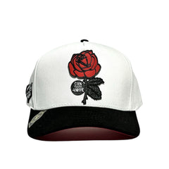 VAGO Style COMO LA FLOR Gorra Unica Artesanal Blanca Ajustable con Visera Curva Negra-Unitalla