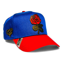 VAGO Style COMO LA FLOR Gold Gorra Unica Artesanal Azul Rey Ajustable con Visera Curva Roja-Unitalla