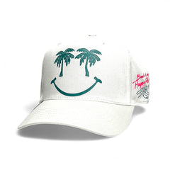 VAGO Style HAPPY PLACE Gorra Unica Artesanal Blanca Ajustable con Visera Curva-Unitalla