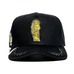 VAGO Style SAN JUDAS Gorra Unica Artesanal Negra Ajustable con Visera Curva con Laureles Negros-Unit