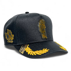 VAGO Style SAN JUDAS Gorra Unica Artesanal Negra Ajustable con Visera Curva con Laureles Dorados-Uni