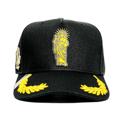 VAGO Style SAN JUDAS Gorra Unica Artesanal Negra Ajustable con Visera Curva con Laureles Dorados-Uni