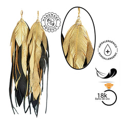 Aretes Maxi Raven Gold pluma largos dorados mujer VANGANIA-19CM
