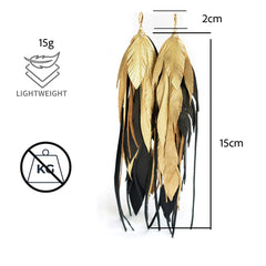 Aretes Maxi Raven Gold pluma largos dorados mujer VANGANIA-15CM