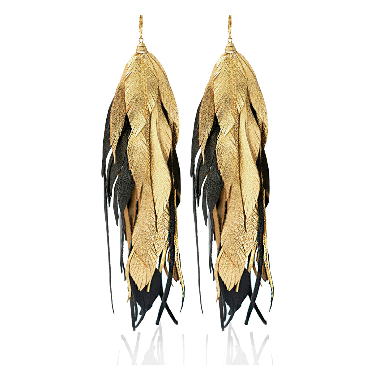 Aretes Maxi Raven Gold pluma largos dorados mujer VANGANIA-15CM