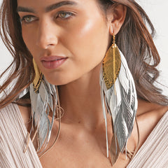 Aretes Garza Blanca multipluma 21cm para mujer VANGANIA