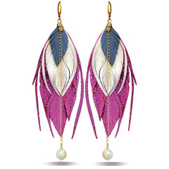 Aretes multipluma 13 cm rosa metálico Vangania artesanales