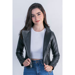 Chamarra Biker Negra castelli Slim Fit Piel Mujer Borrego-L