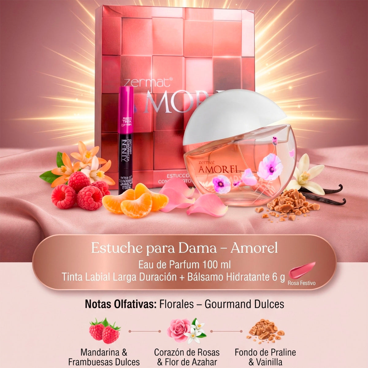 Perfume Mujer Zermat Amorel Estuche con Tinta Rosa
