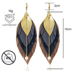 Aretes pluma de cuero mediano mocha para mujer Vangania baño 18K