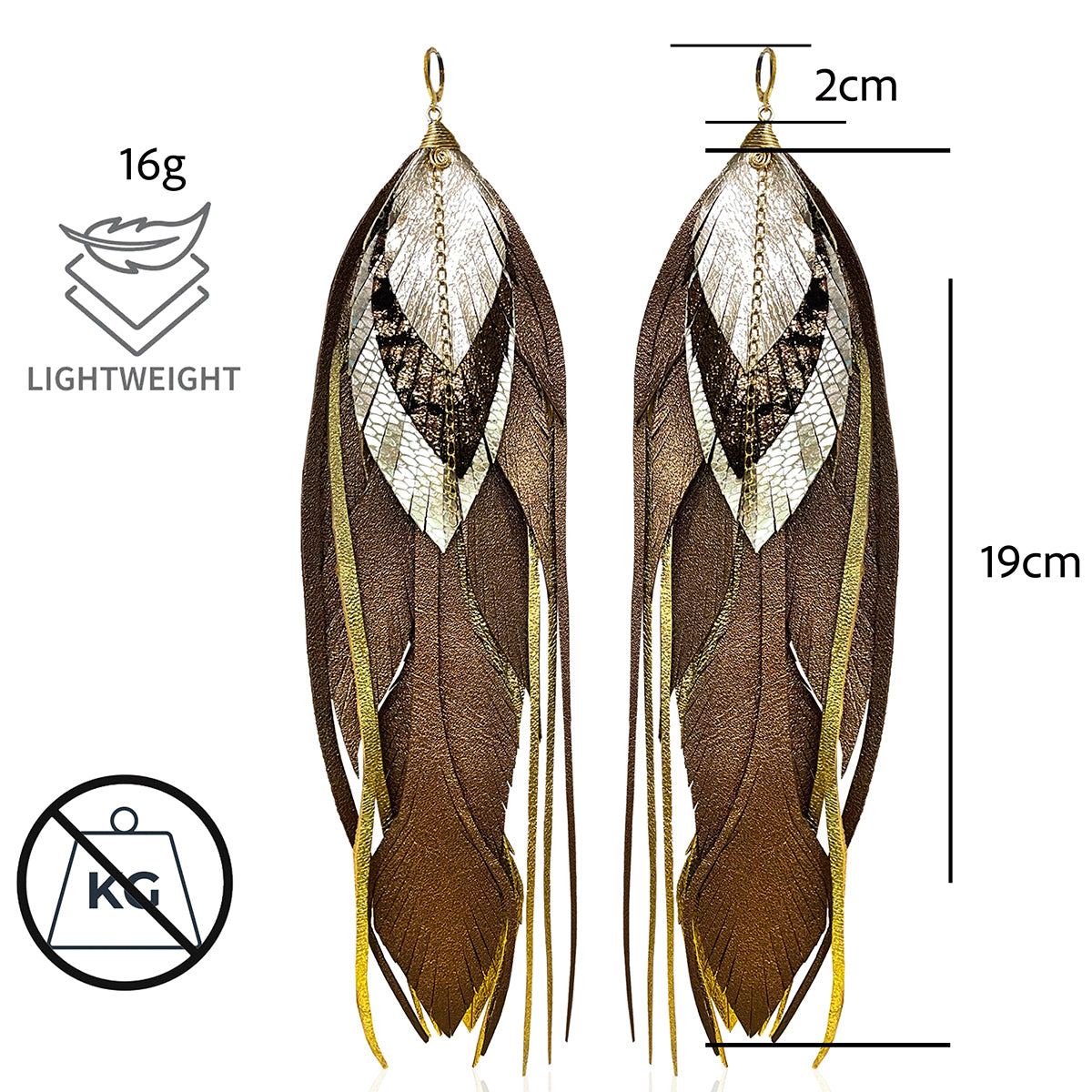 Aretes largos pluma 19cm tono mocha cafe Vangania baño oro-19