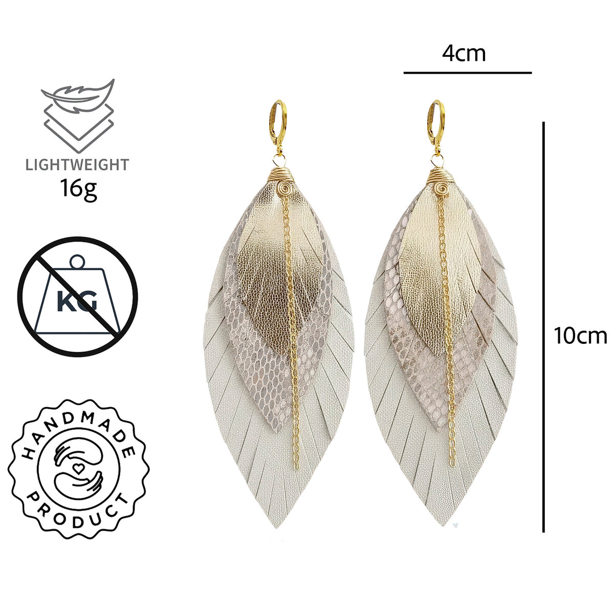 Aretes pluma color perla con cadena baño de oro 18k Vangania