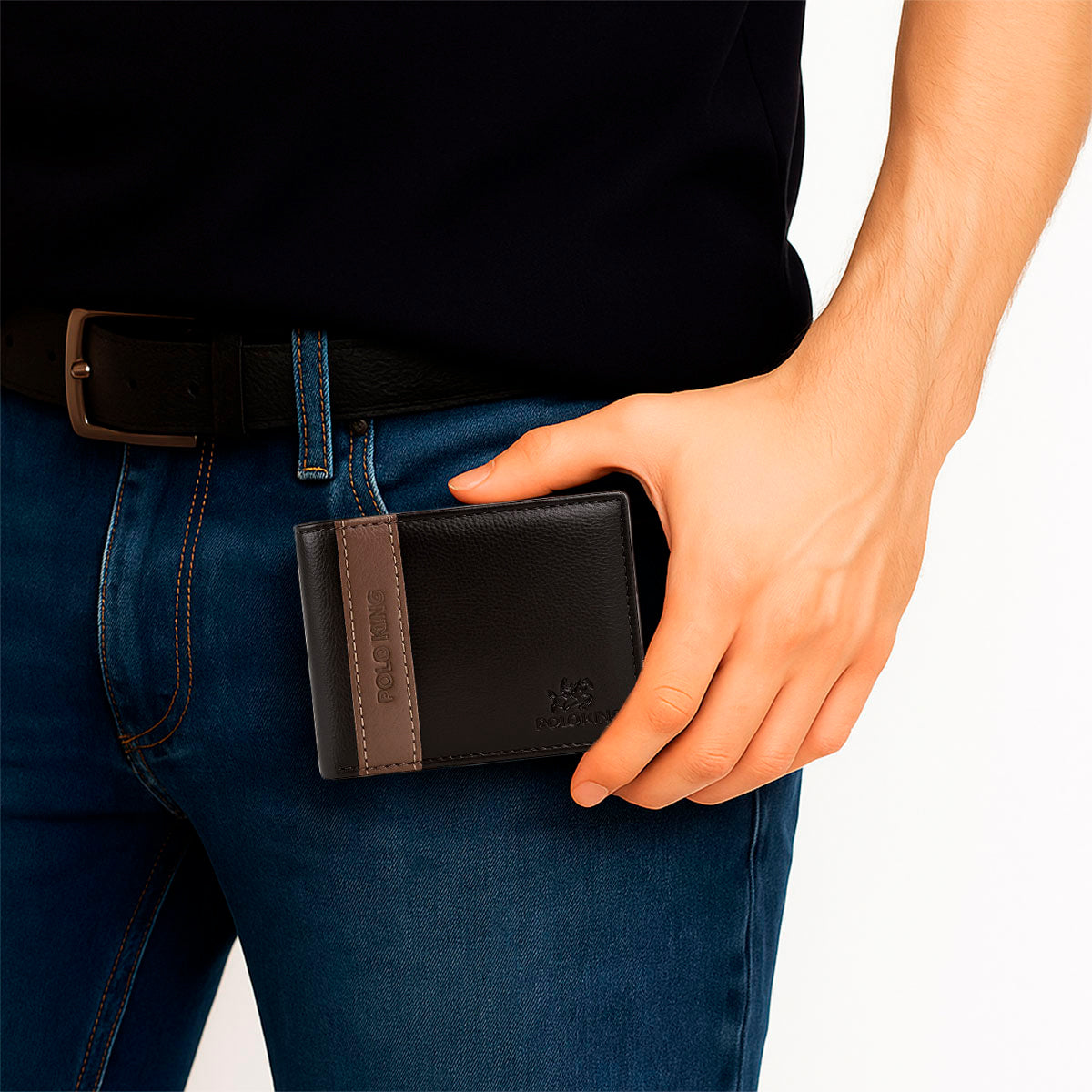 Cartera negra Line café piel sintética Polo King para hombre