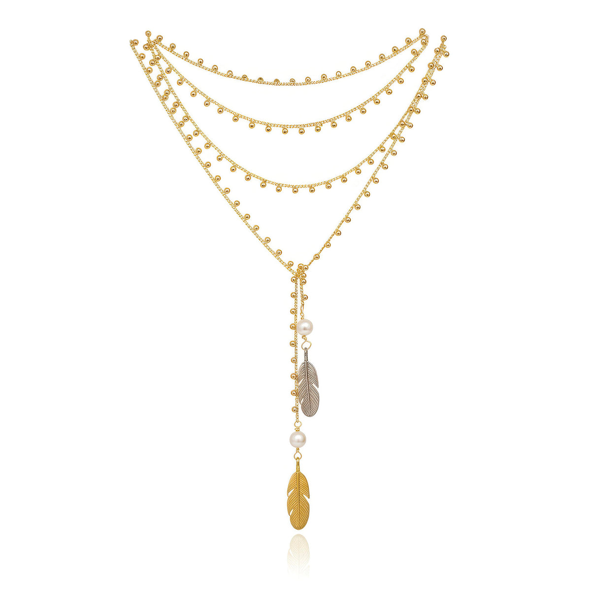 Collar largo ajustable de plumas bicolor dorado plata 100cm