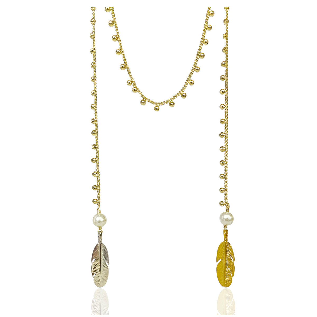 Collar largo ajustable de plumas bicolor dorado plata 100cm
