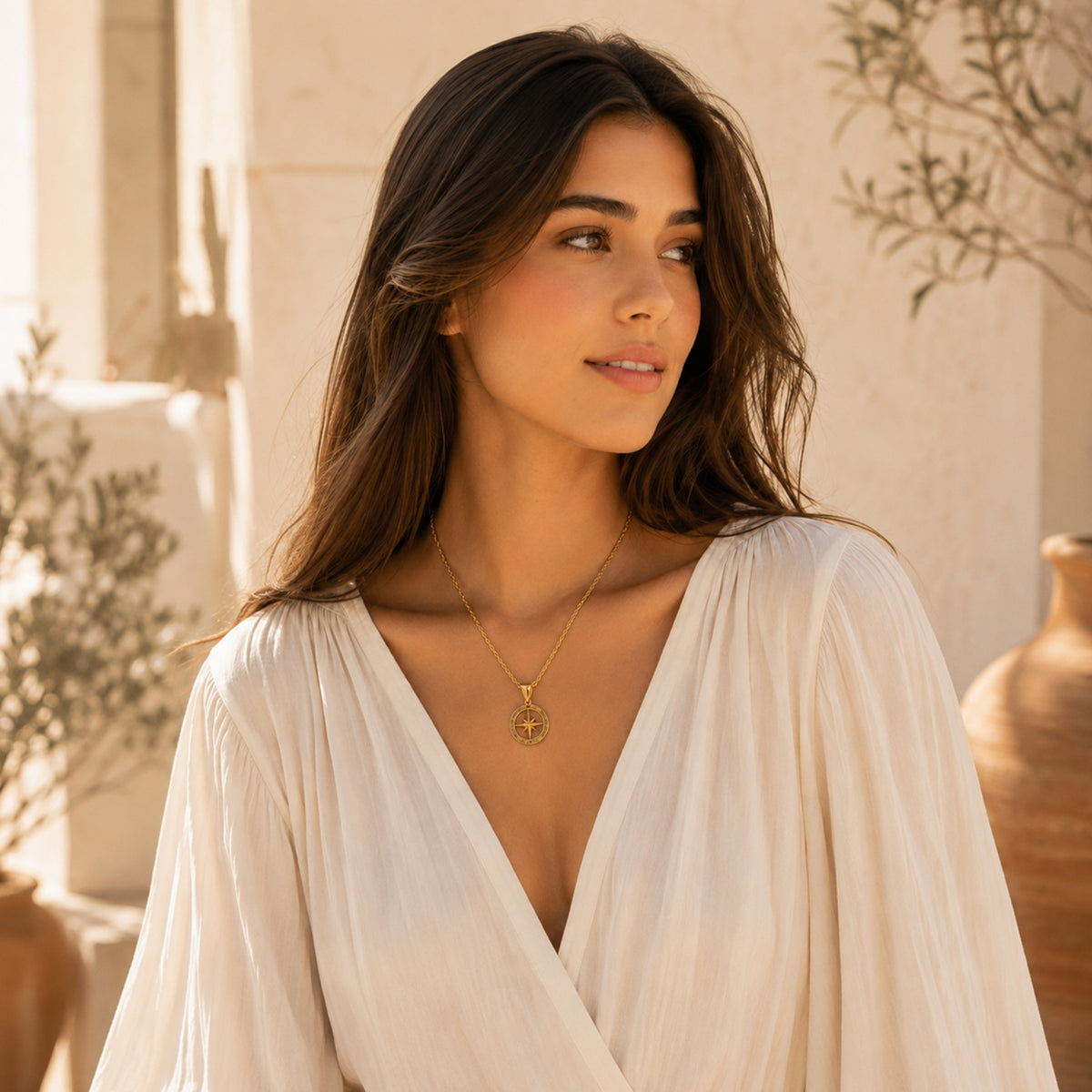 Collar Mujer Gargantilla Polaris Dije Brujula Acero Oro