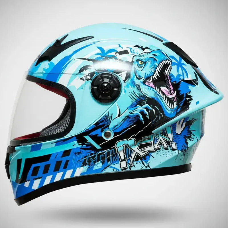 Casco Moto Para Niños Con Diseño Tiranosaurio Rex Cubierta Azul Jaguar Brillante Xl