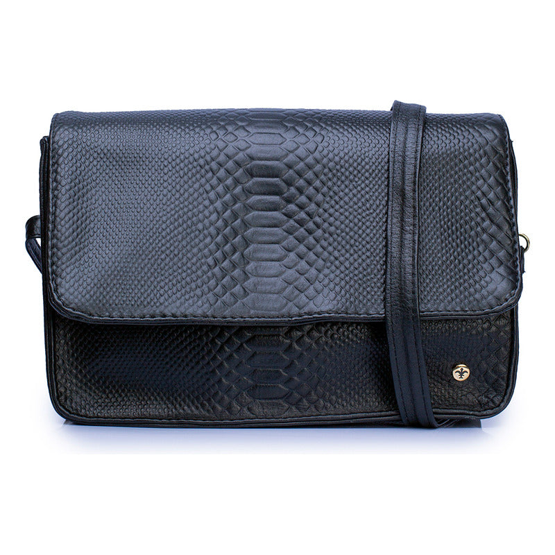 Bolsa Castelli Dama Piel Vibora Con Correa Desmontable Negro Lisa Oro