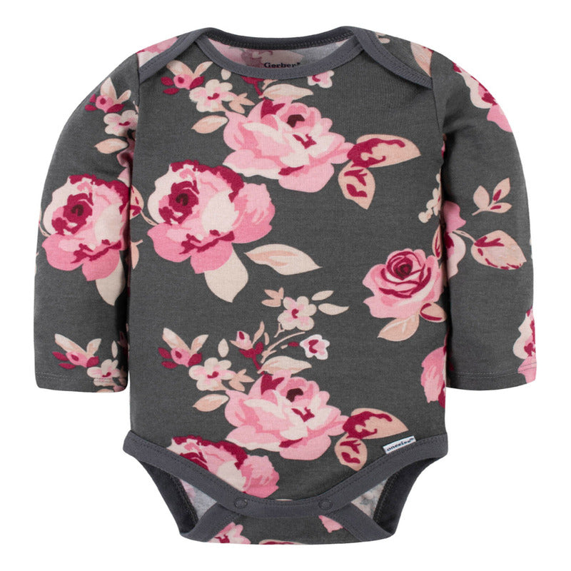 Pañalero Gerber Rosa Gris Flores Body Bebé Algodón Mameluco