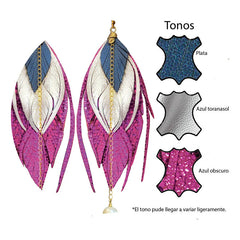 Aretes Colgantes Vangania Pluma Rosa Metálico Cuero Y Oro 18k