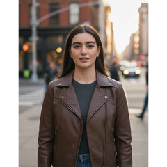 Chamarra De Piel Castelli Biker Mujer Slim Cuello Redondo