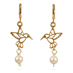 Collar Y Aretes Colibrí Dorado Perla Vangania Joyeria Mujer Dorado