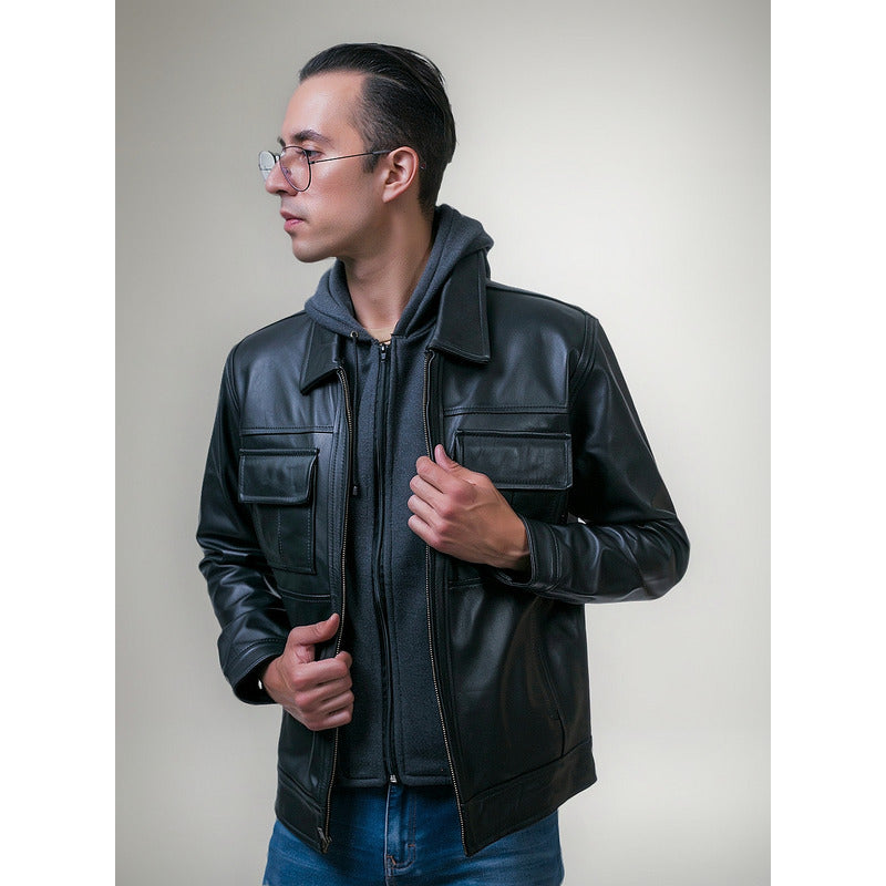 Chamarra piel negra castelli caballero con capucha 2 en 1-L