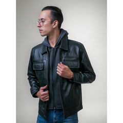 Chamarra piel negra castelli caballero con capucha 2 en 1-L