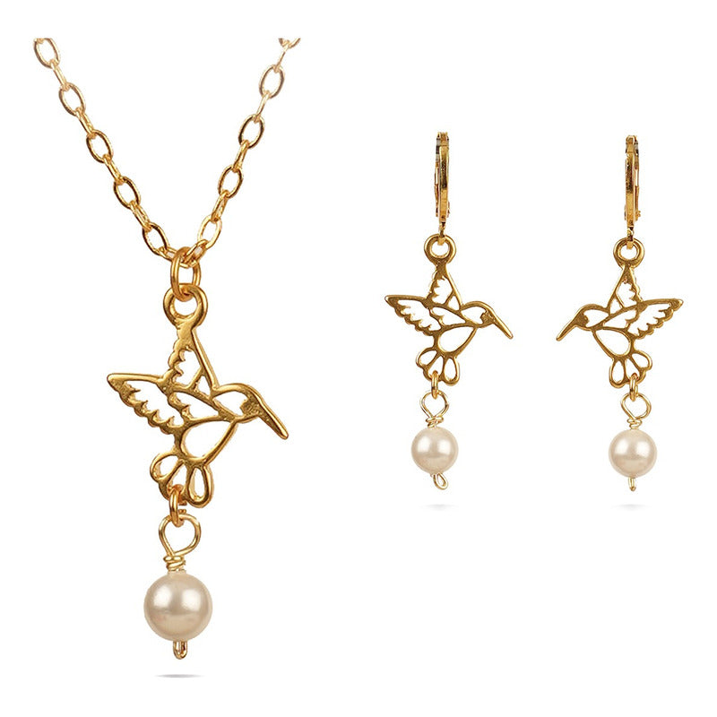 Conjunto collar y aretes colibrí dorado perla VANGANIA