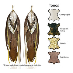 Aretes Largos Pluma 19cm Tono Mocha Cafe Vangania Baño Oro Caqui