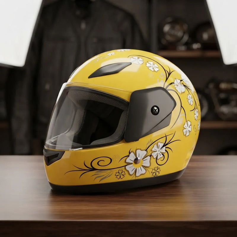 Casco Integral Para Moto Dama Con Diseño De Flores Amarillo Monocolor Brillante Xl