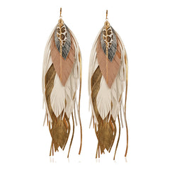 Aretes Largos Mujer Buho Gold Pluma Joyeria Mujer Vangania Blanco