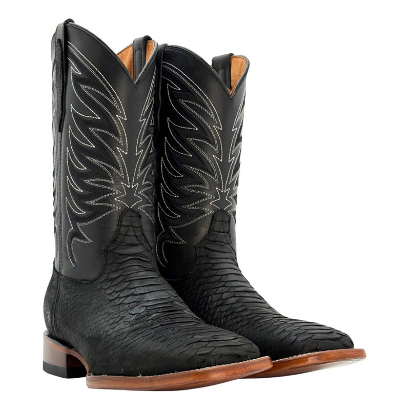 Bota Vaquera Piel Grabado Phyton Negra Calzado Del Bajío