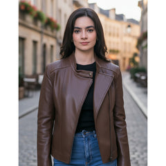 Chamarra De Piel Castelli Biker Mujer Slim Cuello Redondo