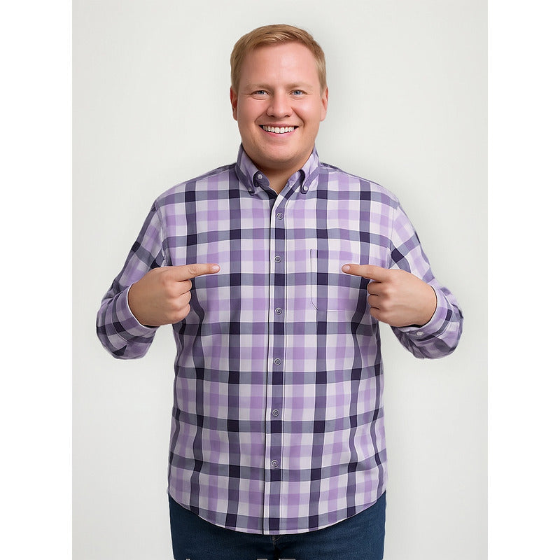 Camisa Big Kong Lila Cuadros Morado Hombre Grande Formal-3XL