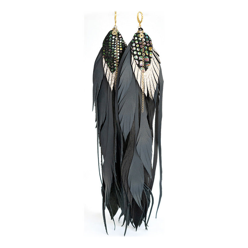 Aretes Largos Mujer Plumas Full Raven Vangania Joyeria Mujer Negro