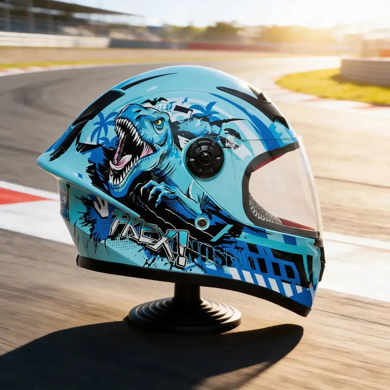Casco Moto Para Niños Con Diseño Tiranosaurio Rex Cubierta Azul Jaguar Brillante Xl