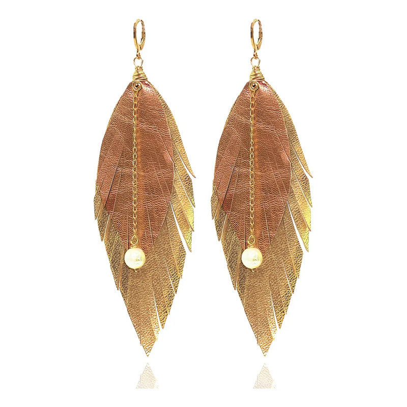 Aretes Largos Mujer De Plumas Dorados Joyeria Mujer Vangania Arete Dorado