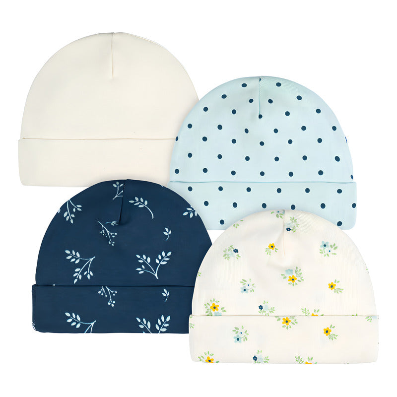 Gorro Gerber Azul Blanco Bebé Pack 4 Piezas Algodón Orgánico Talla 3-6 M