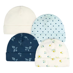 Gorro Gerber Azul Blanco Bebé Pack 4 Piezas Algodón Orgánico Talla 3-6 M