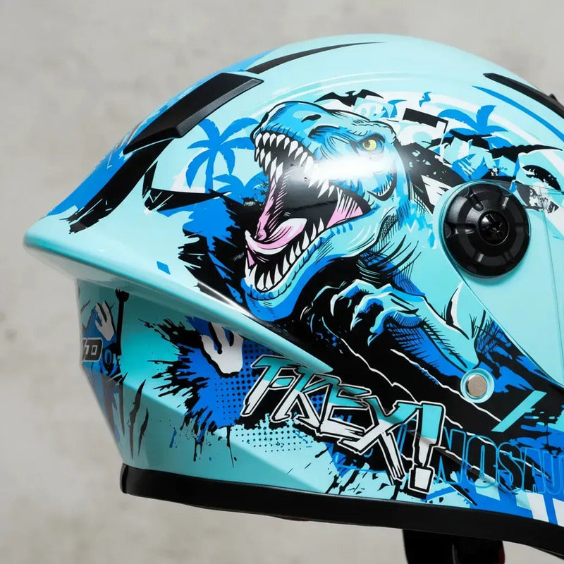 Casco Moto Para Niños Con Diseño Tiranosaurio Rex Cubierta Azul Jaguar Brillante Xl