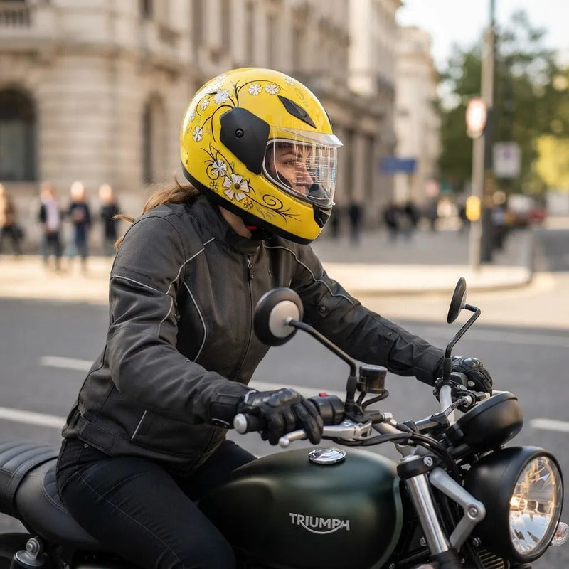 Casco Integral Para Moto Dama Con Diseño De Flores Amarillo Monocolor Brillante Xl