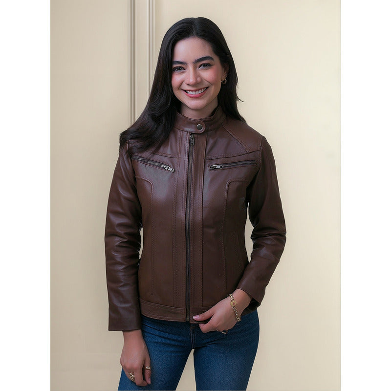 Chamarra de piel mujer castelli slim elegante dama cierres-M