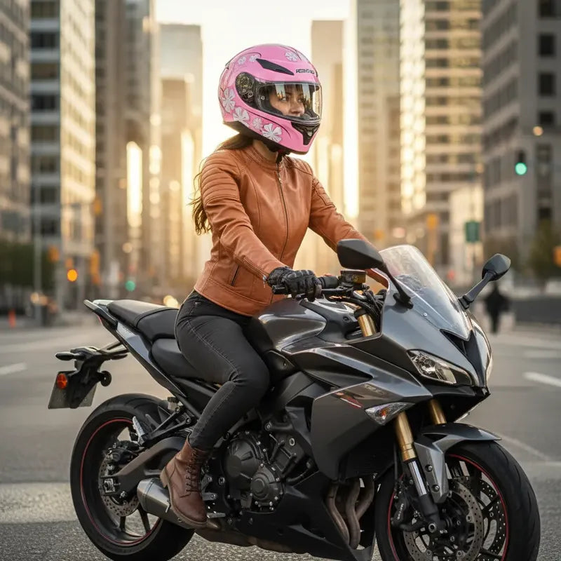 Casco Integral Para Moto Dama Con Diseño De Flores Rosa Monocolor Brillante Xl
