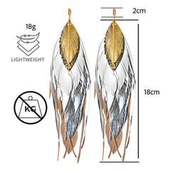 Aretes Colgantes Vangania Pluma Beige Artesanales Con Arracada 21cm